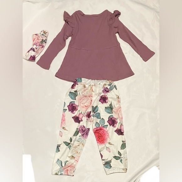 Sz 3T (100) 3 pcs girls pink  floral long sleeve pants with head band NW - Picture 2 of 3